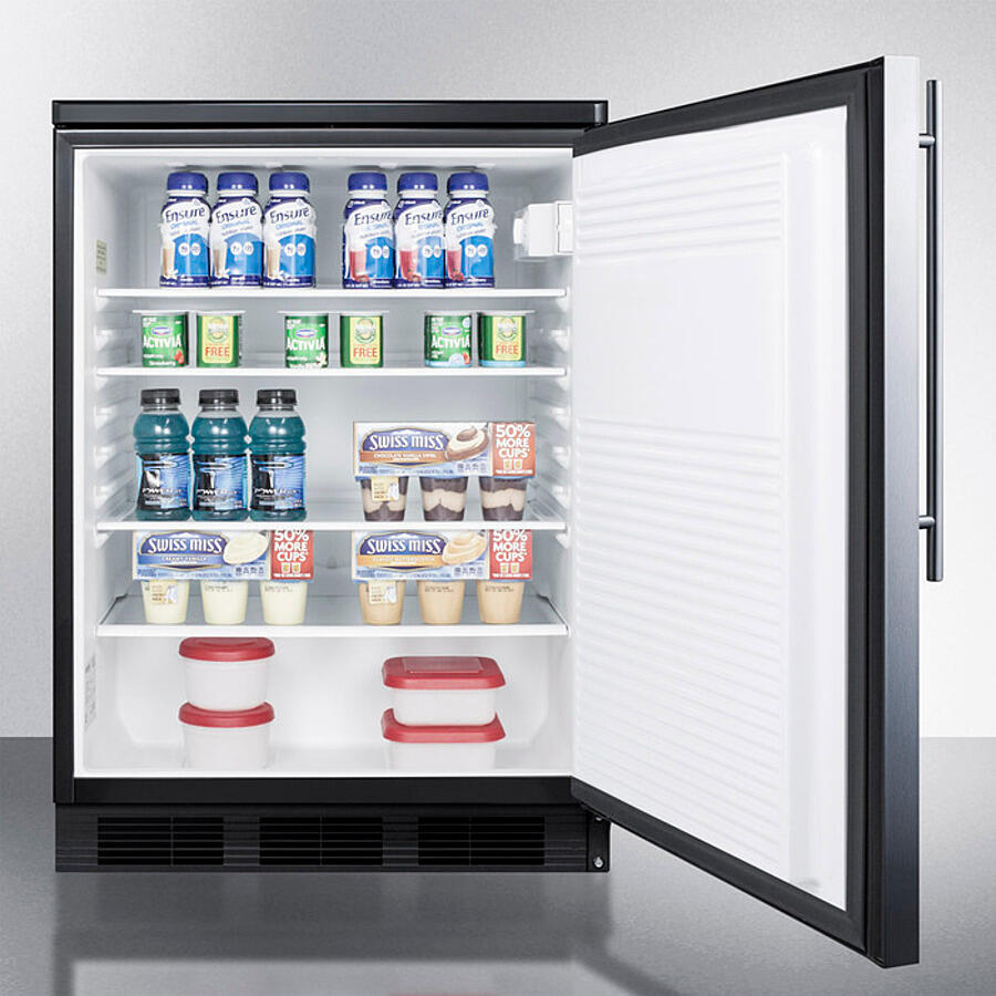 Summit FF7LBLKSSHV Commercially Listed Freestanding All-Refrigerator For General Purpose Use, Auto Defrost W/Ss Wrapped Door, Thin Handle, Lock, And Black Cabinet