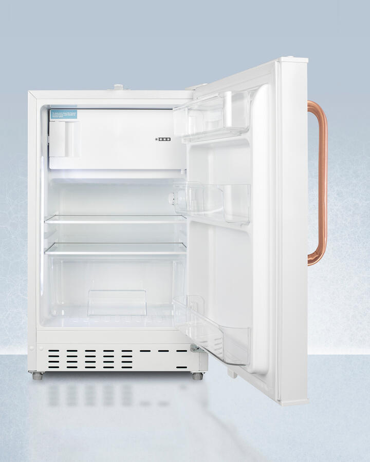 Summit ADA302RFZTBC Built-In Undercounter, Ada Compliant Refrigerator-Freezer In White, Designed For General Purpose Storage, With Pure Copper Towel Bar Handle, Manual Defrost With Glass Shelves, Front Lock, And Door Storage