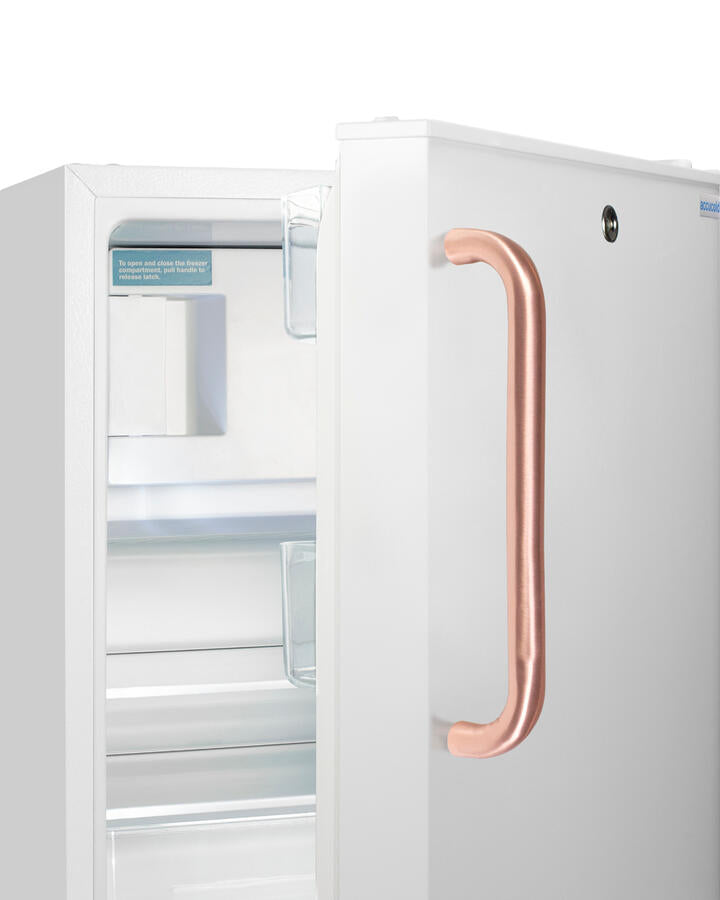 Summit ADA302RFZTBC Built-In Undercounter, Ada Compliant Refrigerator-Freezer In White, Designed For General Purpose Storage, With Pure Copper Towel Bar Handle, Manual Defrost With Glass Shelves, Front Lock, And Door Storage