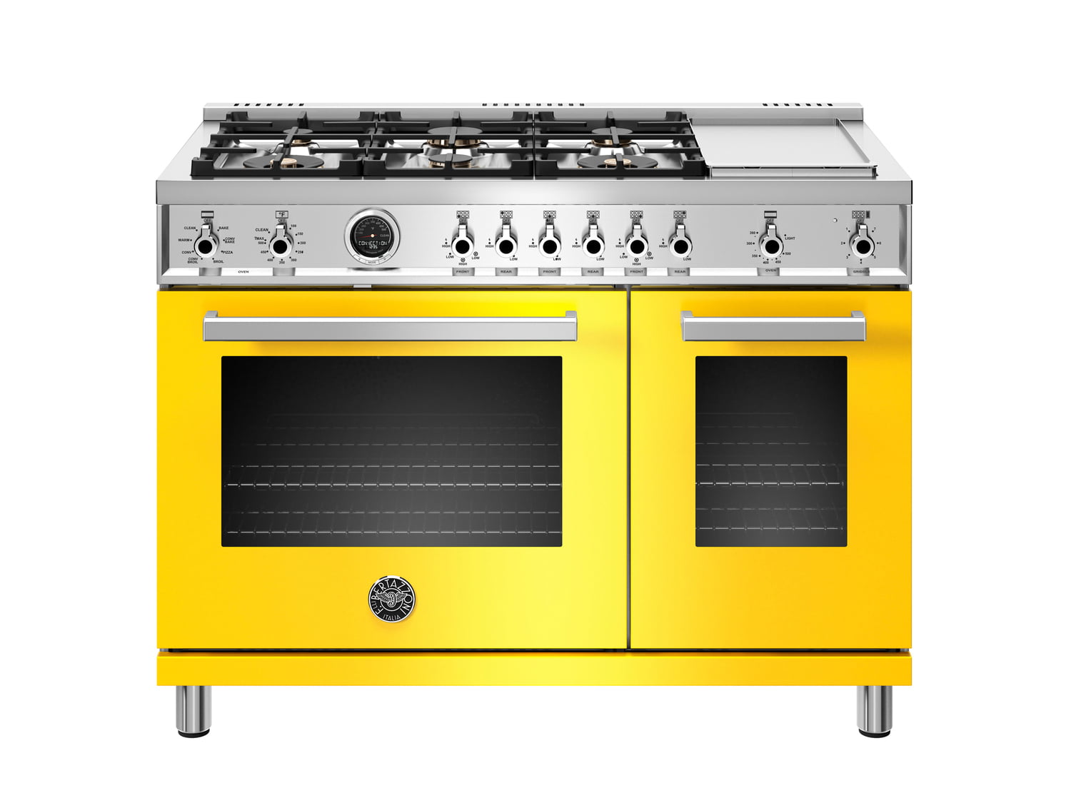 Bertazzoni PROF486GDFSGIT 48 Inch Dual Fuel Range, 6 Brass Burners And Griddle , Electric Self Clean Oven Giallo