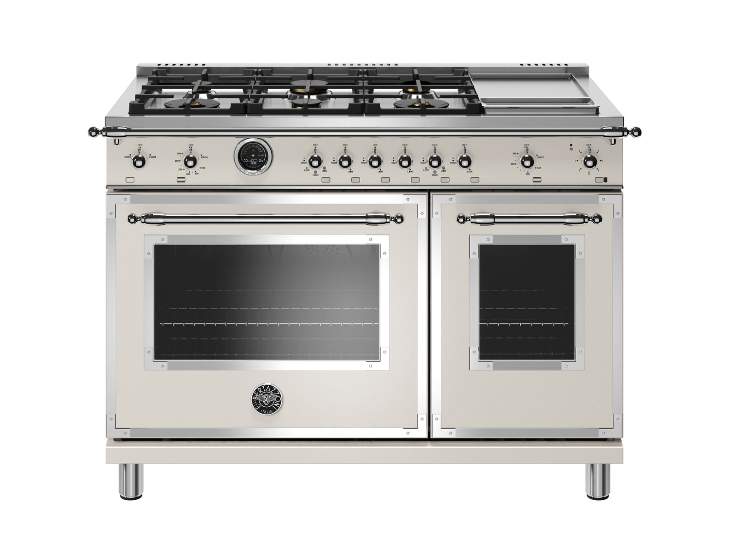 Bertazzoni HERT486GDFSAVT 48 Inch Dual Fuel Range, 6 Brass Burners And Griddle, Electric Self Clean Oven Avorio