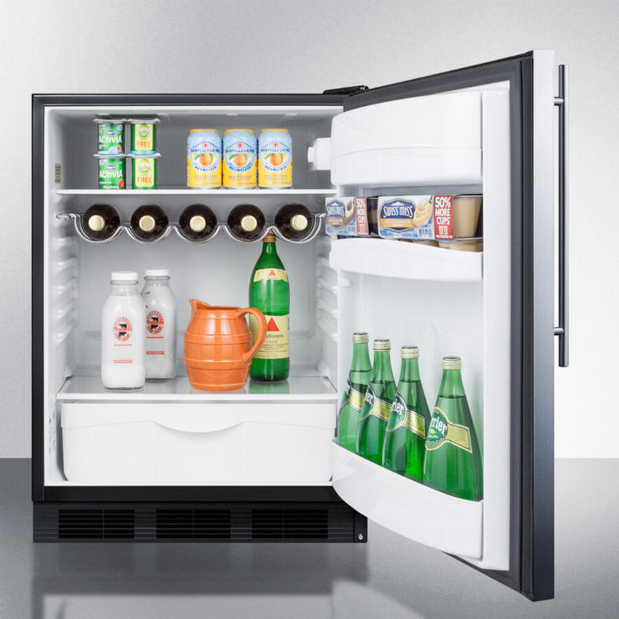 Summit FF63BBISSHV Built-In Undercounter All-Refrigerator For Residential Use, Auto Defrost With A Stainless Steel Wrapped Door, Thin Handle, And Black Cabinet