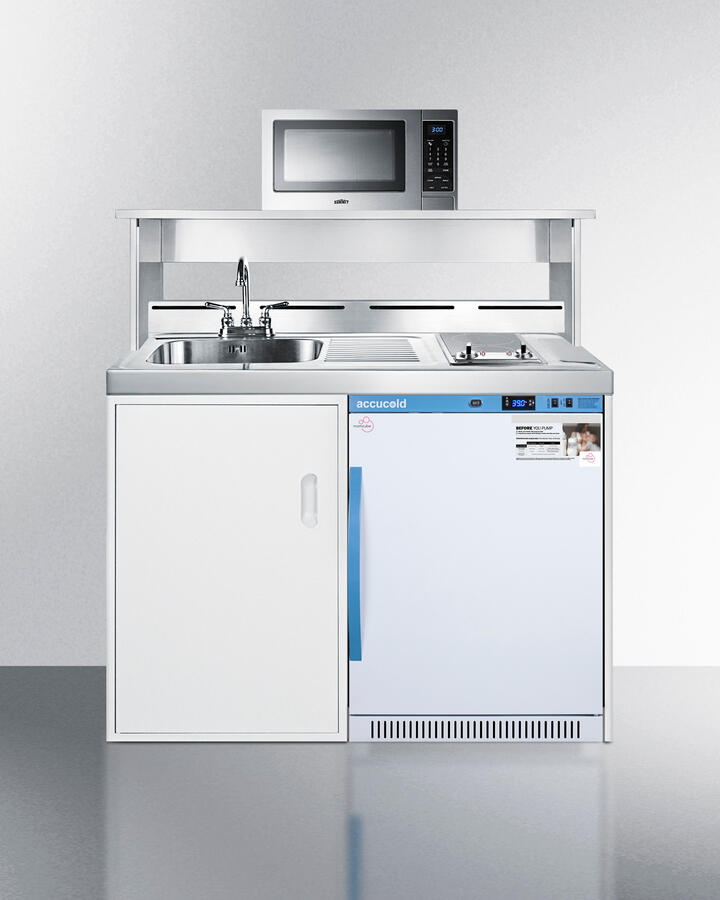 Summit C48ELMCMW 48" Wide All-In-One Kitchenette With A Smooth Glass Cooktop, Momcube Breast Milk Refrigerator, Microwave, Sink With Faucet, Storage Cabinet