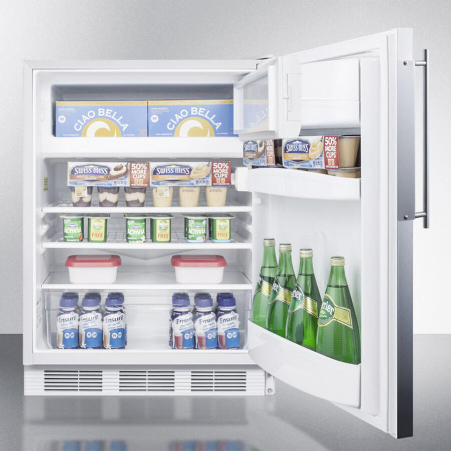 Summit AL650BIFR Built-In Undercounter Ada Compliant Refrigerator-Freezer For General Purpose Use, W/Dual Evaporator Cooling, Ss Frame For Slide-In Panels, And White Cabinet