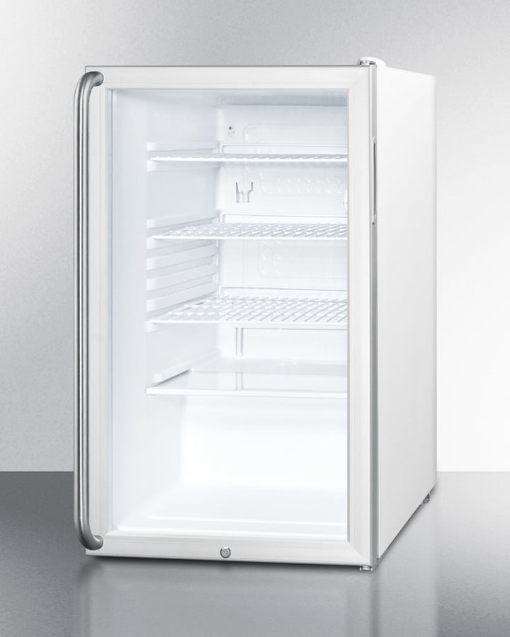 Summit SCR450LBI7SHADA Commercially Listed Ada Compliant 20" Wide Glass Door All-Refrigerator For Built-In Use, Auto Defrost W/Lock, Full-Length Towel Bar Handle And White Cabinet
