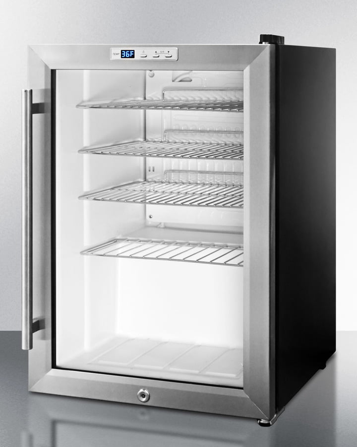 Summit SCR312L Commercially Approved Countertop Glass Door Refrigerator Designed For The Display And Refrigeration Of Beverages Or Sealed Food, With Black Cabinet, Front Lock, And Digital Thermostat; Replaces Scr310L