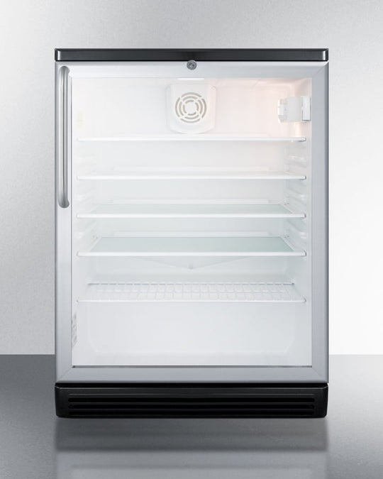 Summit SCR600BGLBITB Commercially Listed 5.5 Cu.Ft. Built-In Undercounter Beverage Center In A 24" Footprint, With Black Cabinet, Glass Door, Towel Bar Handle, And Lock