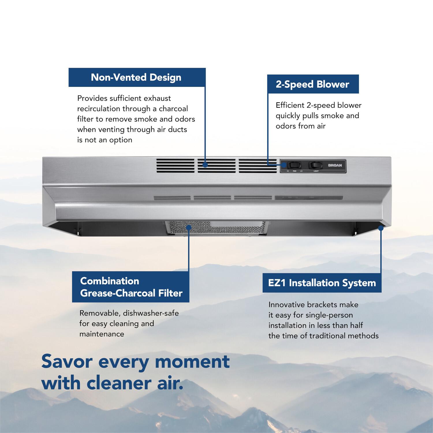 Broan BUEZ130SF Broan® 30-Inch Ductless Under-Cabinet Range Hood W/ Easy Install System, Stainless Finish