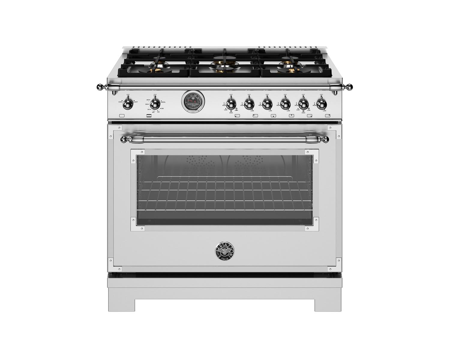 Bertazzoni HER366BCFGMXT 36 Inch All Gas Range, 6 Brass Burners And Cast Iron Griddle Stainless Steel