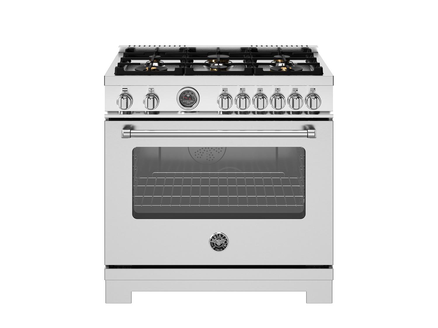 Bertazzoni MAS366BCFEPXT 36 Inch Dual Fuel Range, 6 Brass Burners And Cast Iron Griddle, Electric Self-Clean Oven Stainless Steel