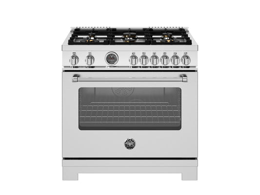 Bertazzoni MAS366BCFEPXT 36 Inch Dual Fuel Range, 6 Brass Burners And Cast Iron Griddle, Electric Self-Clean Oven Stainless Steel