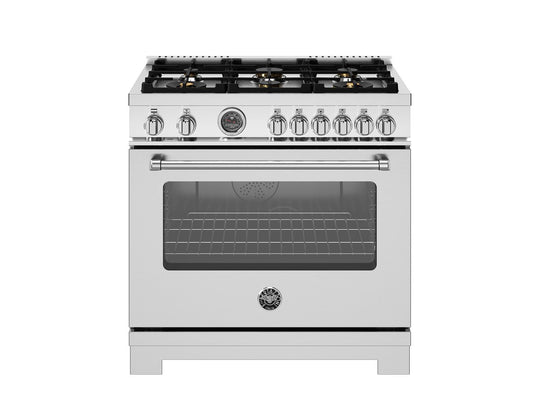 Bertazzoni MAS366BCFEPXT 36 Inch Dual Fuel Range, 6 Brass Burners And Cast Iron Griddle, Electric Self-Clean Oven Stainless Steel