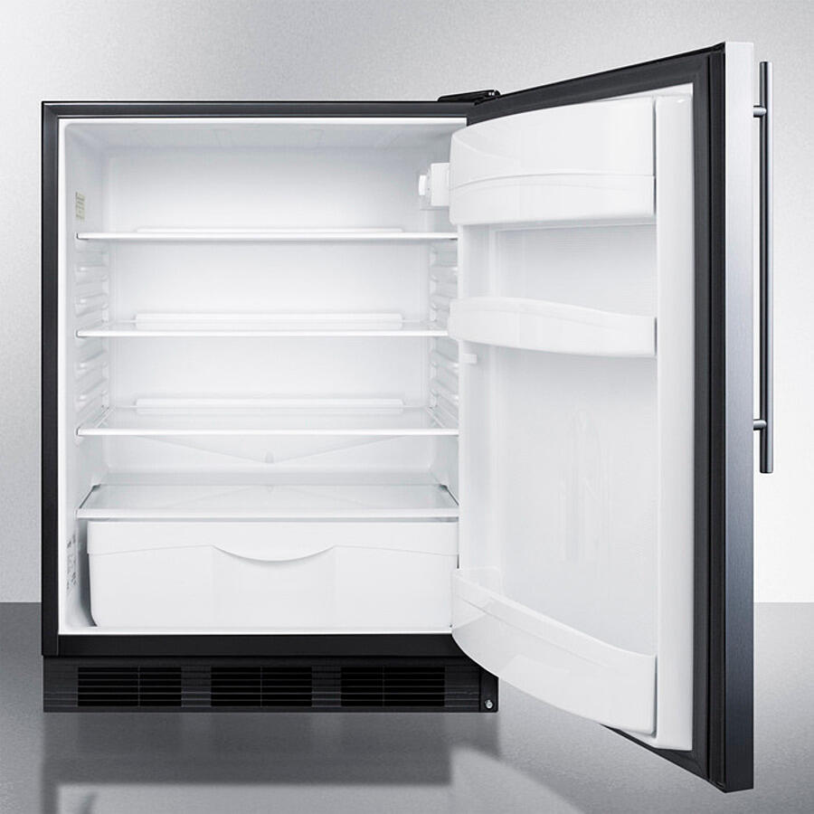 Summit FF6BKBI7SSHV Commercially Listed Built-In Undercounter All-Refrigerator For General Purpose Use, Autom Defrost W/Ss Wrapped Door, Thin Handle, And Black Cabinet