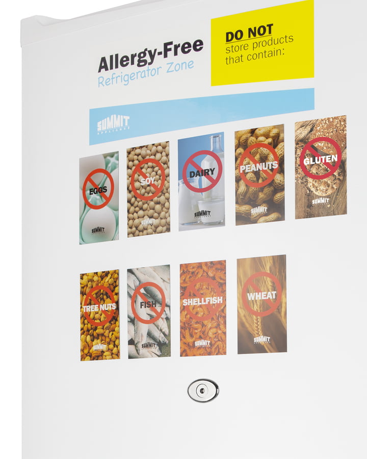 Summit AZAR2W Compact 1.7 Cu.Ft. All-Refrigerator In White Designed To Serve As An Allergy-Free Storage Zone, With Automatic Defrost, Front Lock, And A Set Of Allergy Warning Magnets