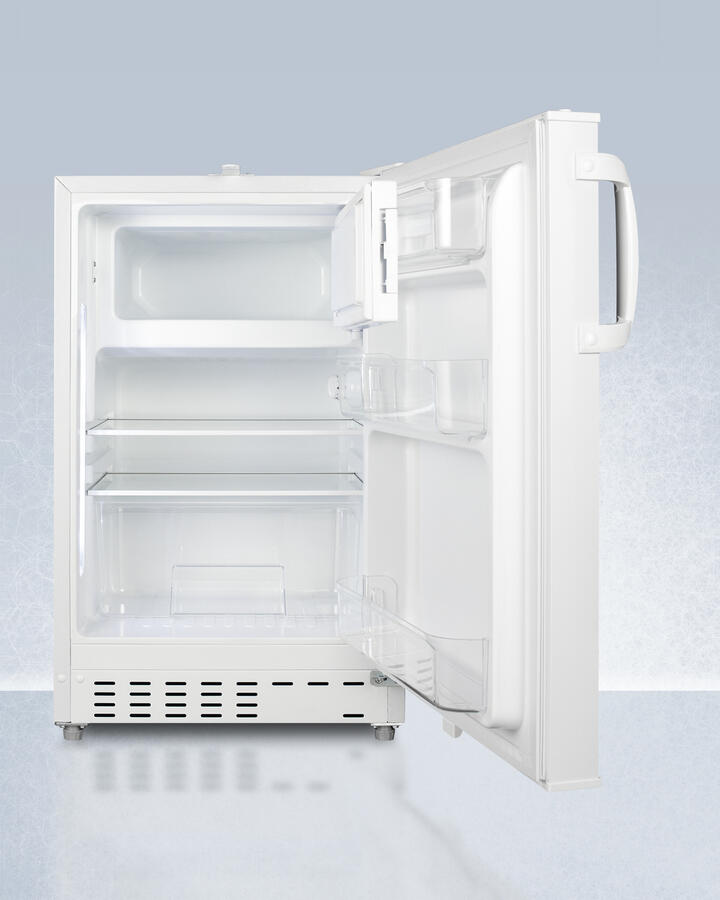 Summit ADA302RFZ Built-In Undercounter, Ada Compliant Refrigerator-Freezer In White, Designed For General Purpose Storage, Manual Defrost With Glass Shelves, Front Lock, And Door Storage