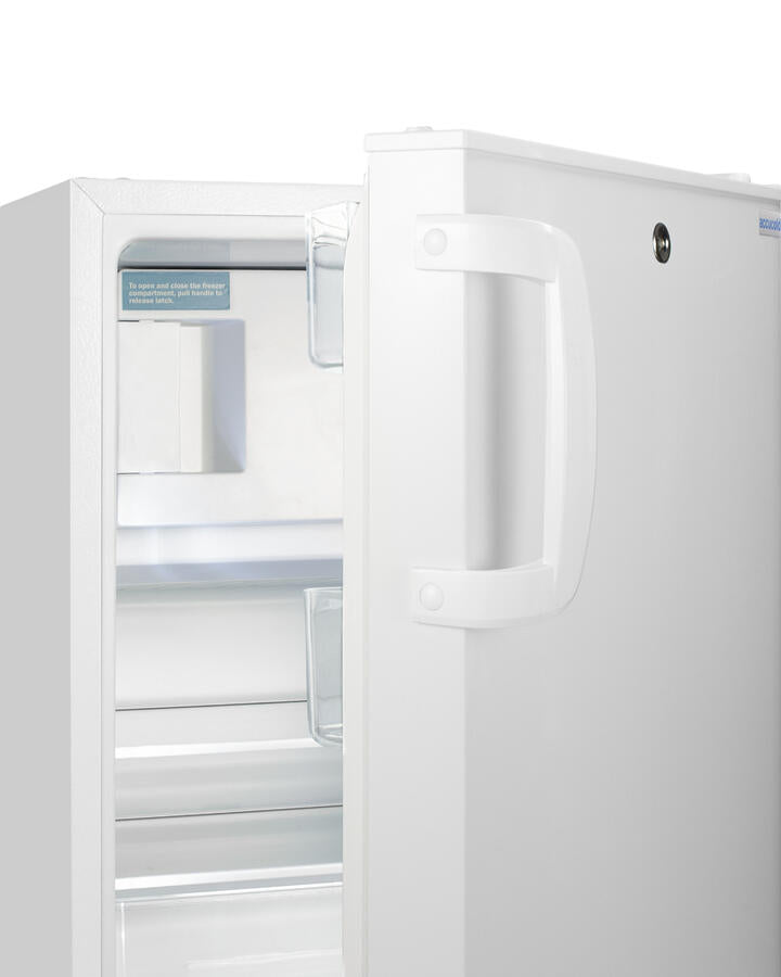 Summit ADA302RFZ Built-In Undercounter, Ada Compliant Refrigerator-Freezer In White, Designed For General Purpose Storage, Manual Defrost With Glass Shelves, Front Lock, And Door Storage