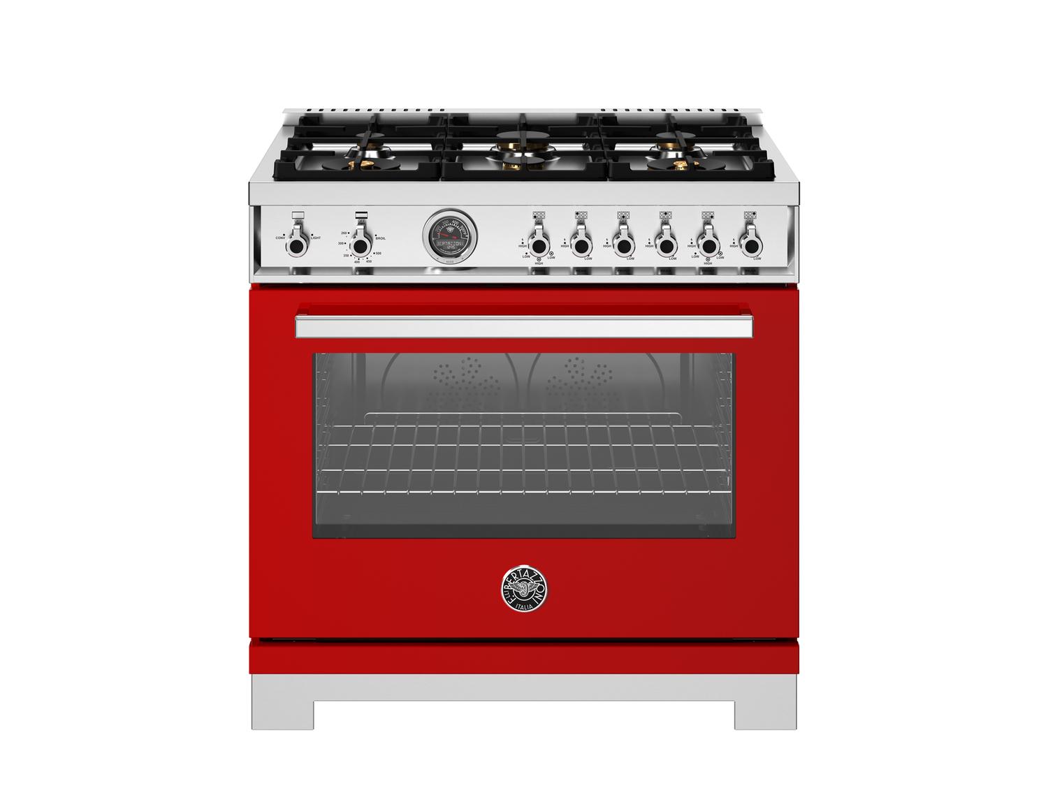 Bertazzoni PRO366BCFGMROT 36 Inch All Gas Range, 6 Brass Burners And Cast Iron Griddle Rosso