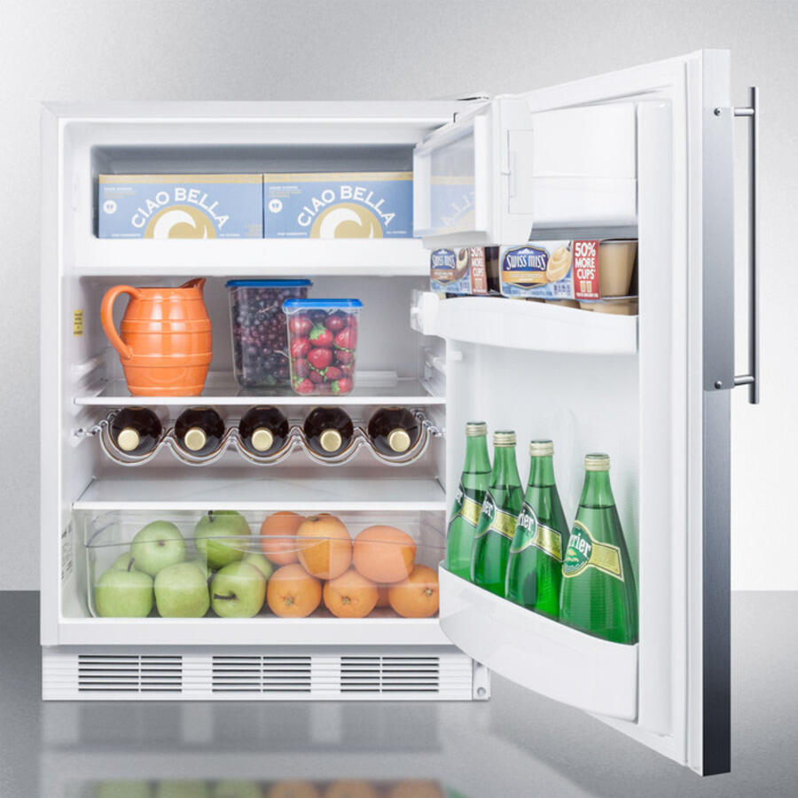Summit CT661BIFR Built-In Undercounter Refrigerator-Freezer For Residential Use, Cycle Defrost With A Deluxe Interior, Ss Door Frame For Slide-In Panels, And White Cabinet