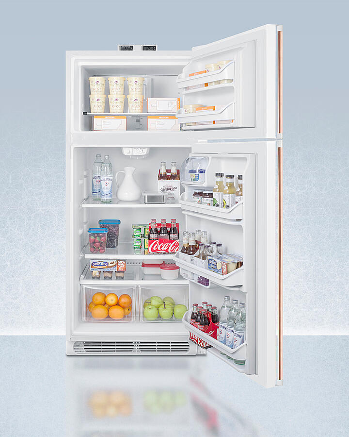 Summit BKRF18WCP 18 Cu.Ft. Break Room Refrigerator-Freezer In White With Pure Copper Handles And Nist Calibrated Alarm/Thermometers