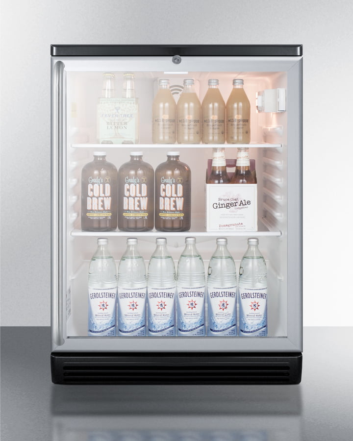 Summit SCR600BGLBISH Commercially Listed 5.5 Cu.Ft. Built-In Undercounter Beverage Center In A 24" Footprint, With Black Cabinet, Glass Door, Full-Length Towel Bar Handle, And Lock