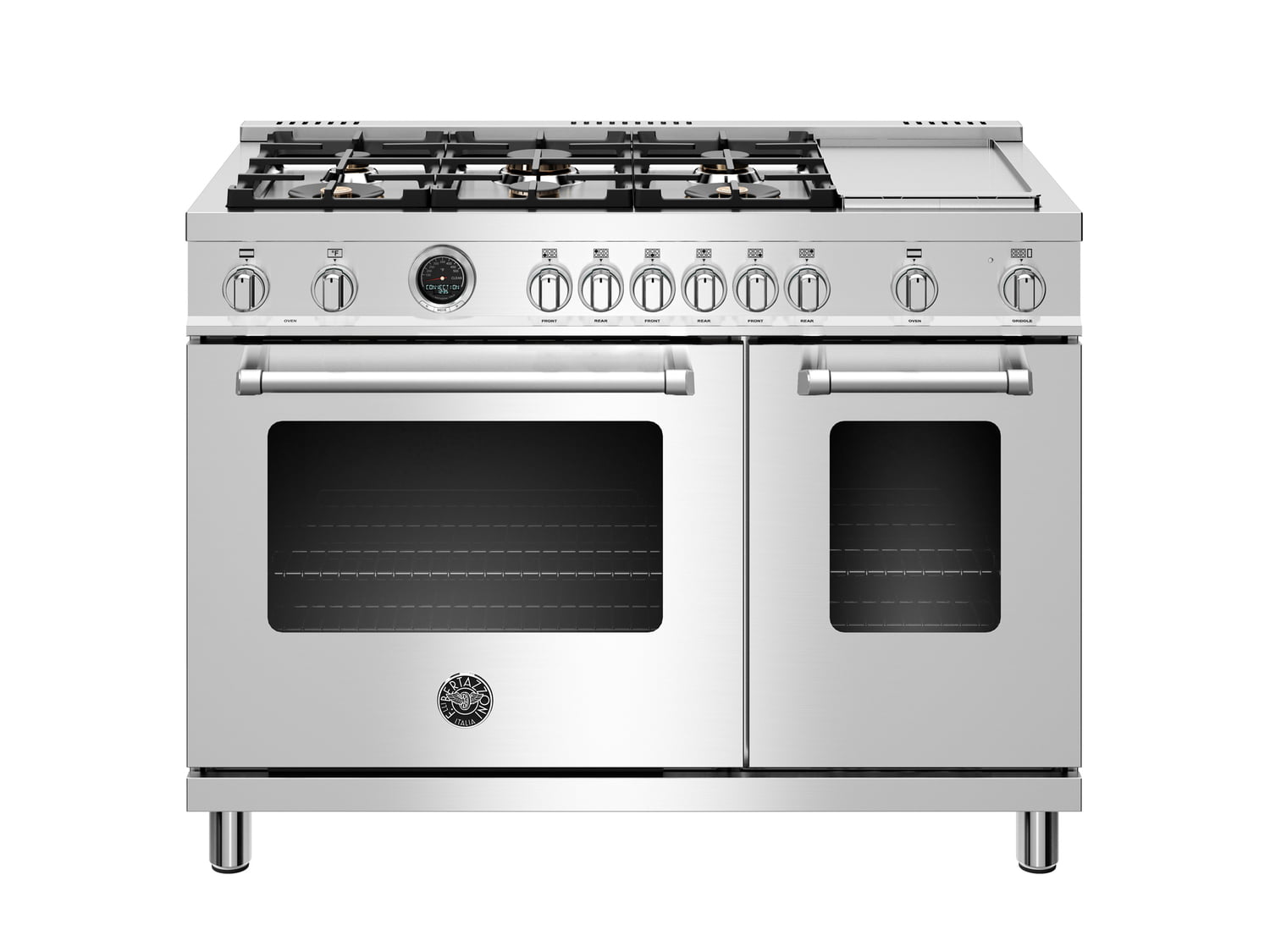 Bertazzoni MAST486GDFSXT 48 Inch Dual Fuel Range, 6 Brass Burners And Griddle, Electric Self-Clean Oven Stainless Steel