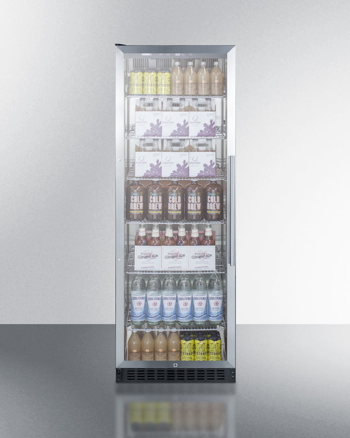Summit SCR1401LH Full-Size Commercial Beverage Merchandiser Designed For The Display And Refrigeration Of Beverages And Sealed Food, With Stainless Steel Interior, Self-Closing Glass Door With A Left Hand Swing, And Black Cabinet