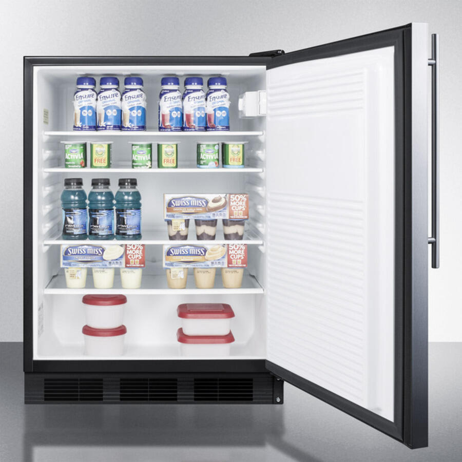Summit FF7BBISSHV Commercially Listed Built-In Undercounter All-Refrigerator For General Purpose Use, Auto Defrost W/Ss Wrapped Door, Thin Handle, And Black Cabinet