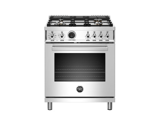 Bertazzoni PROF304DFSXT 30 Inch Dual Fuel Range, 4 Brass Burner, Electric Self-Clean Oven Stainless Steel