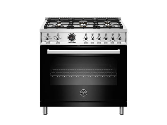 Bertazzoni PROF366DFSNET 36 Inch Dual Fuel Range, 6 Brass Burner, Electric Self-Clean Black