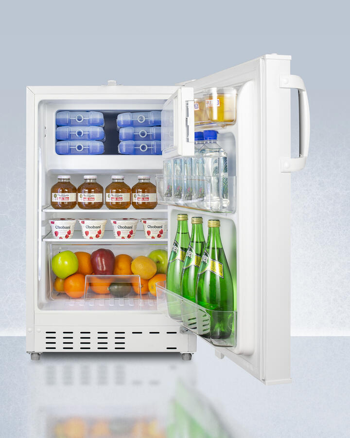 Summit ADA302RFZ Built-In Undercounter, Ada Compliant Refrigerator-Freezer In White, Designed For General Purpose Storage, Manual Defrost With Glass Shelves, Front Lock, And Door Storage