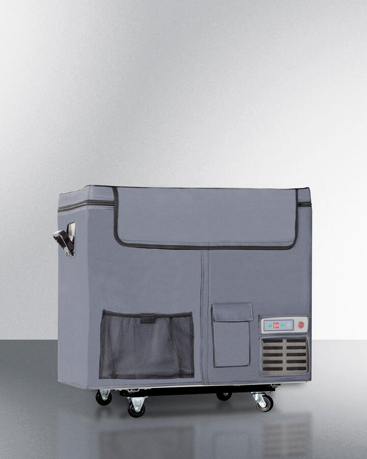 Summit SPRF86M2 Portable 12V/24V Cooler Capable Of Operation As Refrigerator (2-8(Degree)C) Or Freezer (-12(Degree)C), With Insulated Cover, Interior Wire Basket, Factory-Installed Lock, Strap Handle, And Four Pre-Installed Wheels