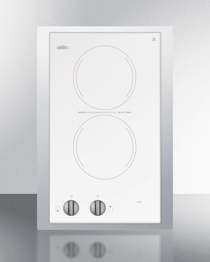 Summit CR2220WHTK15 230V European Two-Burner Radiant Cooktop In White Glass With Stainless Steel Frame To Allow Installation In 15