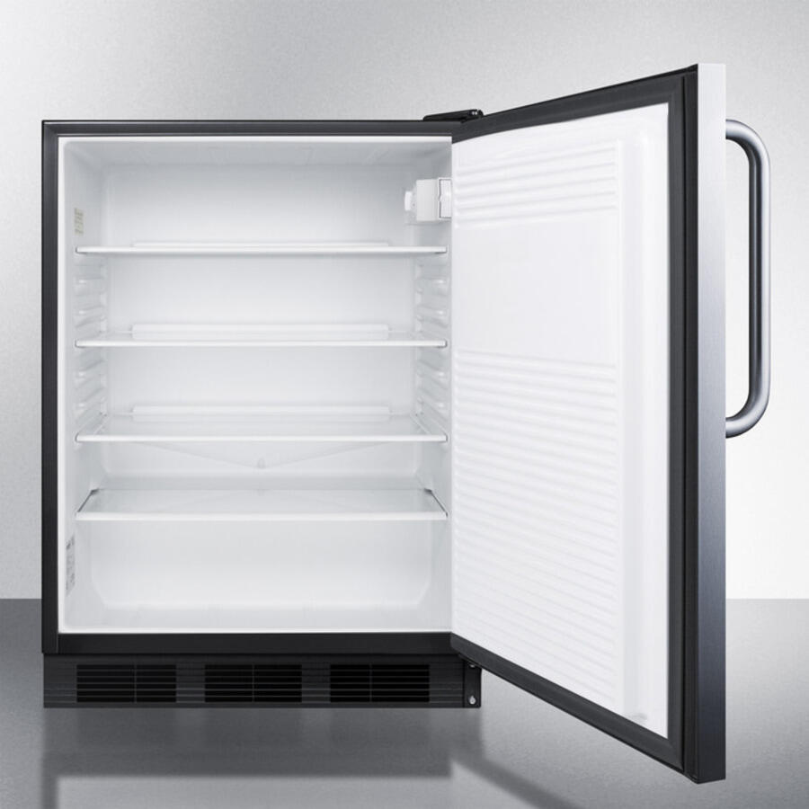 Summit AL752LBLSSTB Ada Compliant All-Refrigerator For Freestanding General Purpose Use, Auto Defrost W/Ss Door, Towel Bar Handle, Lock, And Black Cabinet
