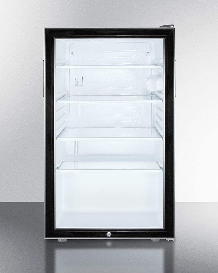 Summit SCR500BL 20" Wide Glass Door Freestanding Commercial All-Refrigerator For The Display And Refrigeration Of Beverages And Sealed Food, Auto Defrost With A Lock And Black Cabinet