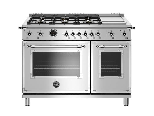 Bertazzoni HERT486GDFSXT 48 Inch Dual Fuel Range, 6 Brass Burners And Griddle, Electric Self Clean Oven Stainless Steel