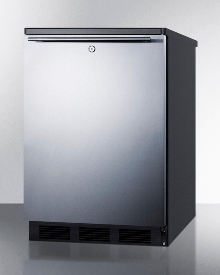 Summit FF7LBLSSHH Commercially Listed Freestanding All-Refrigerator For General Purpose Use, Auto Defrost W/Ss Wrapped Door, Horizontal Handle, Lock, And Black Cabinet