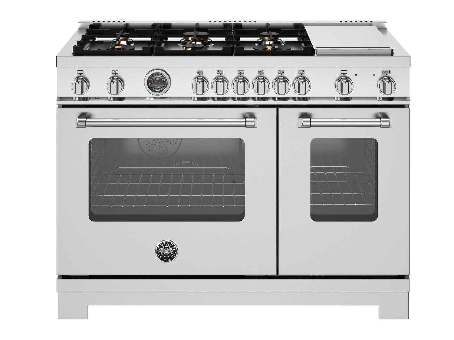 Bertazzoni MAS486BTFEPXT 48 Inch Dual Fuel Range, 6 Brass Burners And Griddle, Electric Self-Clean Oven Stainless Steel