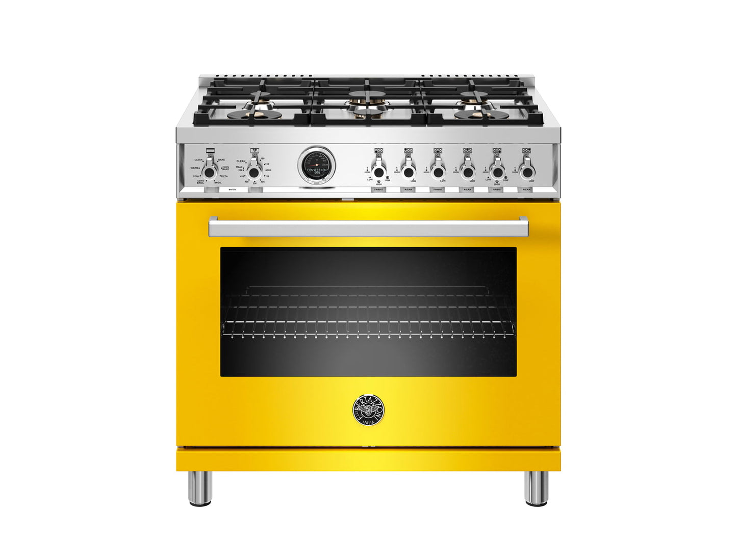 Bertazzoni PROF366DFSGIT 36 Inch Dual Fuel Range, 6 Brass Burner, Electric Self-Clean Yellow