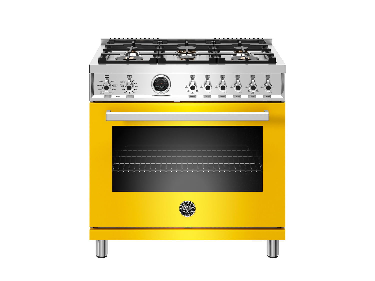 Bertazzoni PROF366DFSGIT 36 Inch Dual Fuel Range, 6 Brass Burner, Electric Self-Clean Yellow