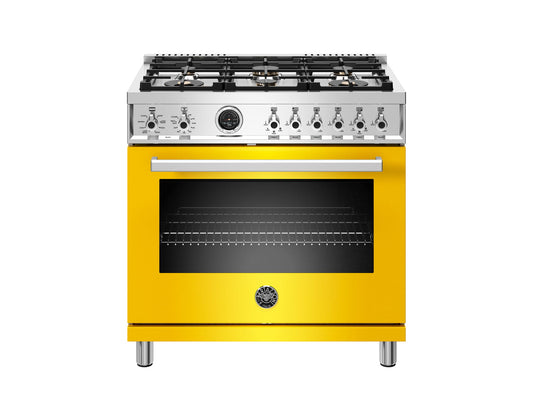 Bertazzoni PROF366DFSGIT 36 Inch Dual Fuel Range, 6 Brass Burner, Electric Self-Clean Yellow