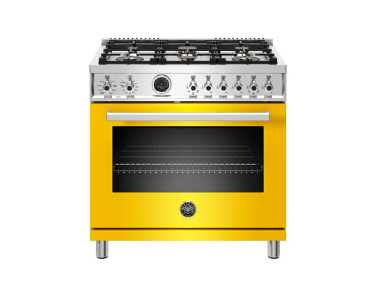 Bertazzoni PROF366DFSGIT 36 Inch Dual Fuel Range, 6 Brass Burner, Electric Self-Clean Yellow