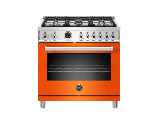 Bertazzoni PROF366DFSART 36 Inch Dual Fuel Range, 6 Brass Burner, Electric Self-Clean Orange