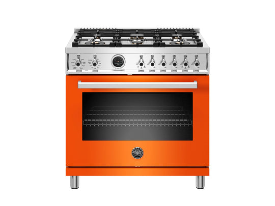 Bertazzoni PROF366DFSART 36 Inch Dual Fuel Range, 6 Brass Burner, Electric Self-Clean Orange