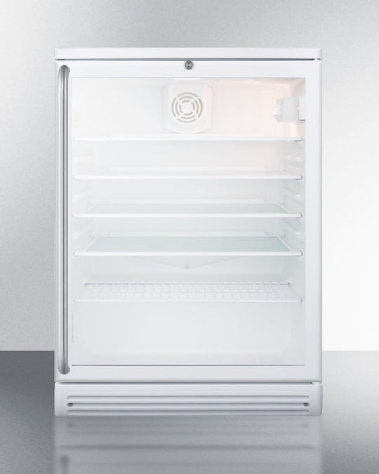 Summit SCR600GLSH Commercially Listed 5.5 Cu.Ft. Counter Height Beverage Center In A 24" Footprint, With White Cabinet, Glass Door, Towel Bar Handle, And Lock