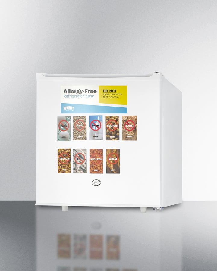 Summit AZAR2W Compact 1.7 Cu.Ft. All-Refrigerator In White Designed To Serve As An Allergy-Free Storage Zone, With Automatic Defrost, Front Lock, And A Set Of Allergy Warning Magnets