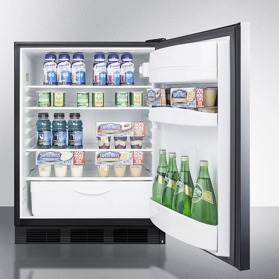Summit FF6BKBI7SSHH Commercially Listed Built-In Undercounter All-Refrigerator For General Purpose Use, Autom Defrost W/Ss Wrapped Door, Horizontal Handle, And Black Cabinet