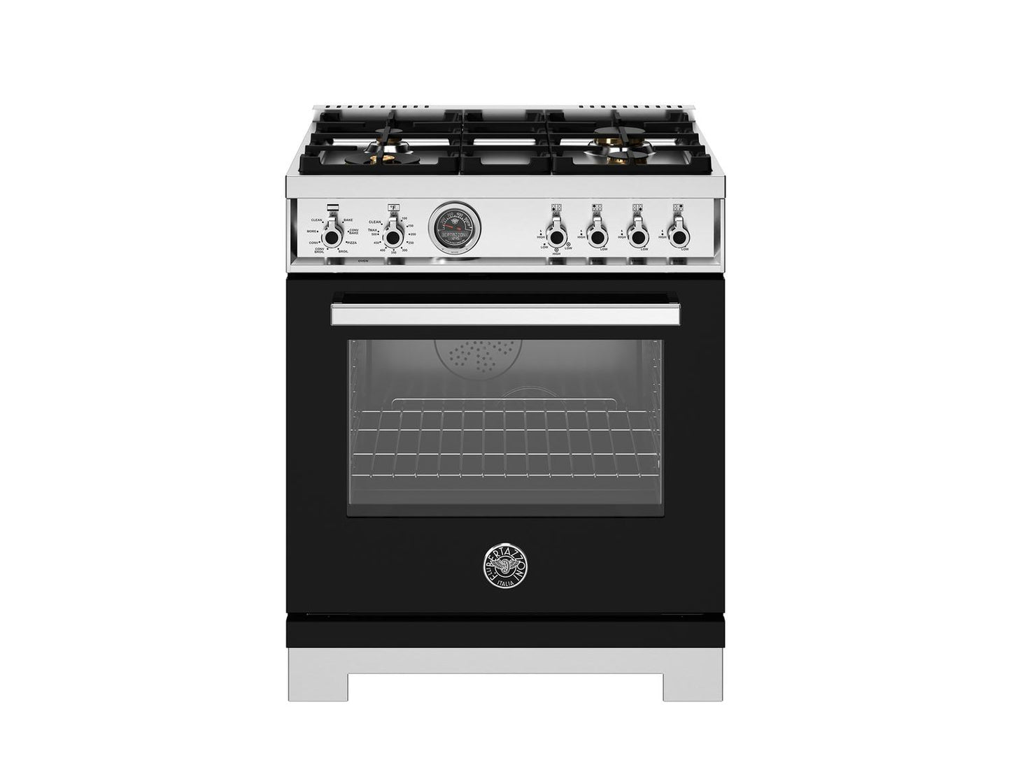 Bertazzoni PRO304BFEPNET 30 Inch Dual Fuel Range, 4 Brass Burners, Electric Self-Clean Oven Nero