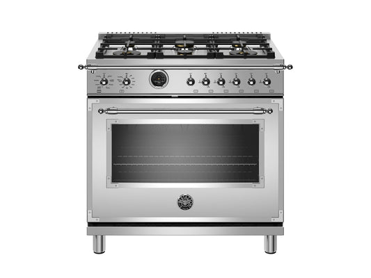 Bertazzoni HERT366DFSXT 36 Inch Dual Fuel Range, 6 Brass Burner, Electric Self-Clean Gray