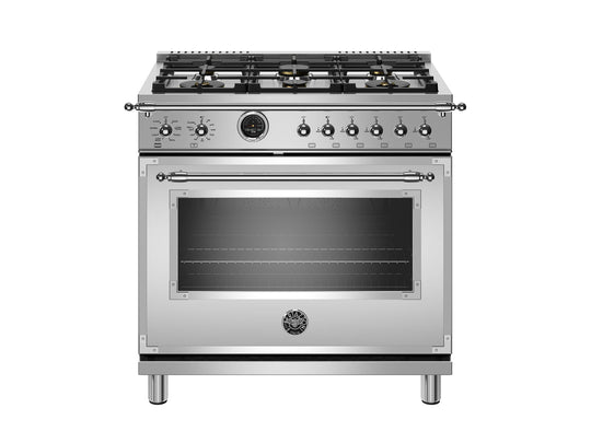 Bertazzoni HERT366DFSXT 36 Inch Dual Fuel Range, 6 Brass Burner, Electric Self-Clean Gray