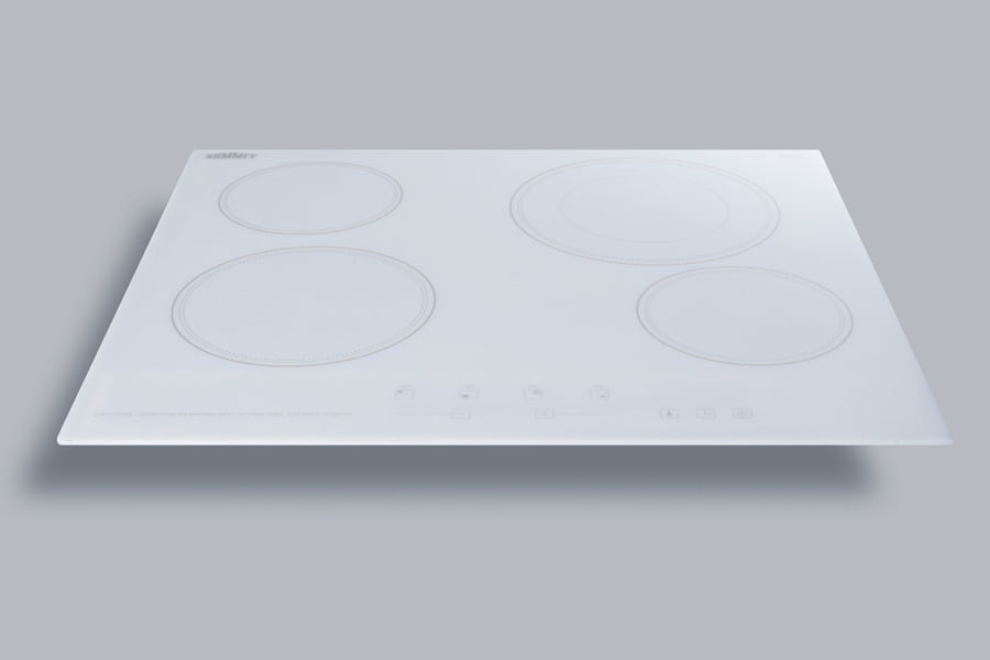 Summit CR4B23T6W 230V 4-Burner Cooktop In White Ceramic Schott Glass With Digital Touch Controls And An Extra Large 8